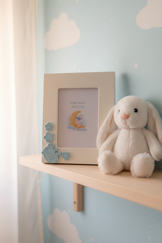 Portafoto su mensola con coniglietto bianco